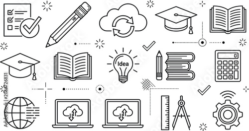 Education and online learning vector line icons set with graduation hat book laptop pencil lightbulb school doodle elements