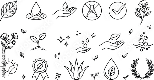 Bild auf Leinwand Natural organic skincare cosmetic line icon set with leaf flower aloe vera water