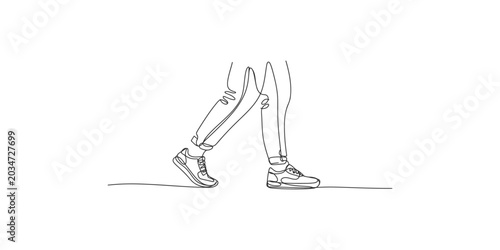 A minimalist line drawing of a persons legs and feet walking in sneakers on a plain surface