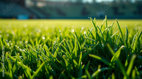 Close-up macro shot of vibrant green grass blades with dew drops glistening in the soft morning sunlight on a sports field