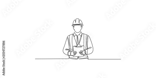 A minimalist line drawing of a construction worker holding a clipboard wearing a hard hat and vest on a white background