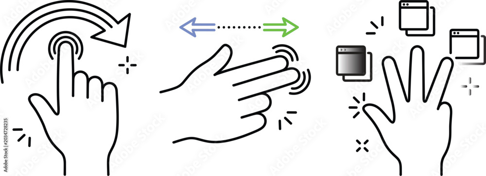 Obraz premium Touchscreen hand gestures line icon set featuring swipe tap drag multi touch window navigation interface control vector elements