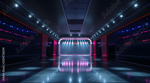 Modern futuristic hallway illuminated by vibrant red and blue neon lights, reflecting on a polished dark floor, creating an immersive, high-tech abstract architectural backdrop