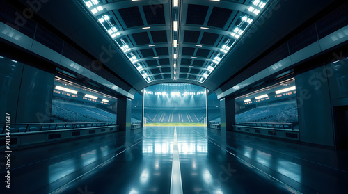 Ice Hockey Arena Entrance with Blue Seating and Bright Lights
