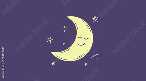 Tableau sur toile Sleeping Crescent Moon with Stars Kids Vector Illustration