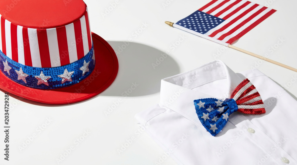 Obraz premium Patriotic hat american flag bow tie fourth july parade shirt red white blue holiday celebration. us american independence freedom. patriotic festive celebration, crowd gathering flag
