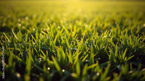 Lush green grass blades with shimmering dew drops glinting under the soft, warm glow of the morning sun, evoking a sense of freshness and new beginnings in nature