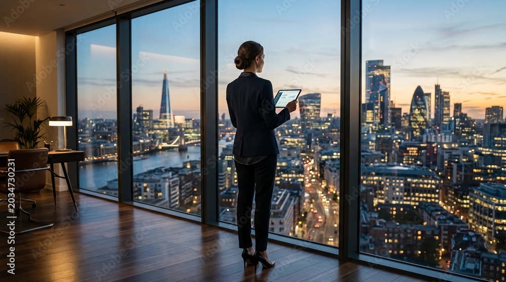 Fototapeta premium Person Learning on Tablet at Desk with City View