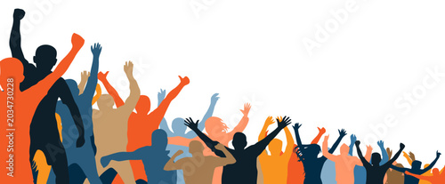 Colorful silhouettes of cheering crowd with raised arms, celebration