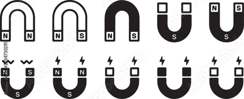 Fotografie Series of horseshoe magnet illustrations showing magnetic field attraction and r