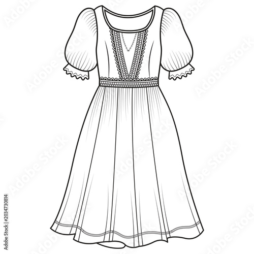 Collection of women's clothing technical sketches showing various styles black and white line art illustration for fashion design. Elegant woman, fashion illustration, line art, puffy sleeve dress