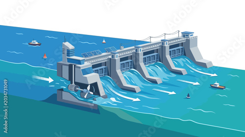 Hydroelectric dam generates power with water flowing through turbines in a serene lake environment.