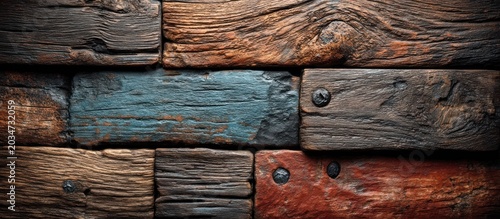 Close-up of weathered wooden planks arranged in a pattern, with various colors and textures