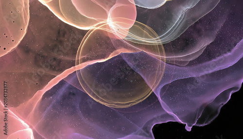 Luminous ethereal lighting on an abstract fluid ink flow with glowing orbs and starry dust, creating a deep cosmic macro background that conveys a mood of elegant mystery and wonder.