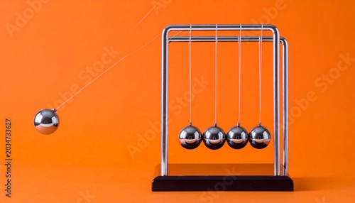 Newton’s cradle with spheres against bright orange background