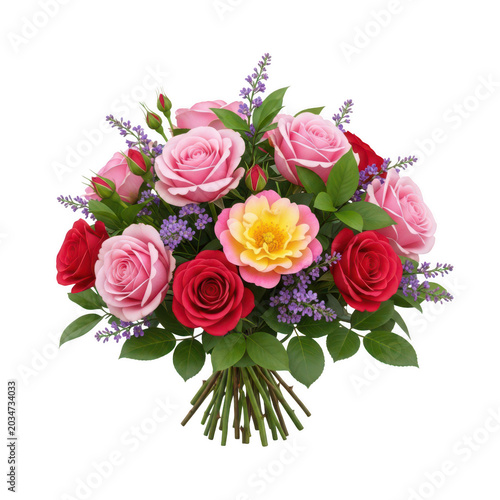 A vibrant bouquet of fresh flowers in full bloom with a variety of colors and types isolated on transparent background