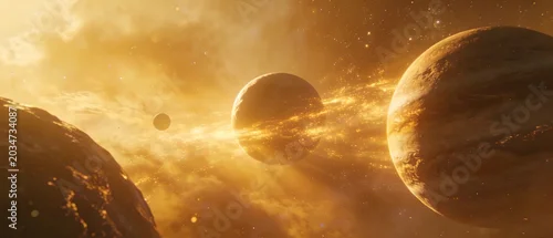 Panel kuchenny z motywem Cinematic golden space background with planets aligned in a luminous celestial nebula and glowing light rays