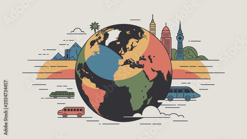 Tableau sur toile Global travel illustration with iconic landmarks and various transportation vehicles in a flat line-art style