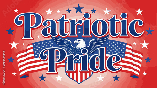 Tableau sur toile A vibrant patriotic graphic featuring the words Patriotic Pride in bold blue lettering, set against a backdrop of American flags and stars