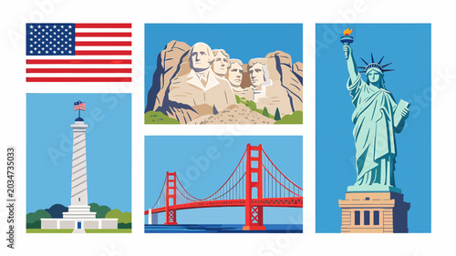 Obraz na plátně A vibrant collection of iconic American landmarks and symbols, including the Statue of Liberty, Mount Rushmore, Golden Gate Bridge, and the American flag