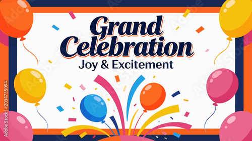 Tableau sur toile A vibrant Grand Celebration graphic with balloons, confetti, and fireworks, conveying joy and excitement