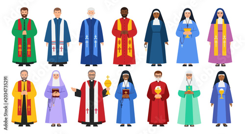 Obraz na plátne Diverse Clergy and Nuns in Religious Attire, Christian Faith Community Icons