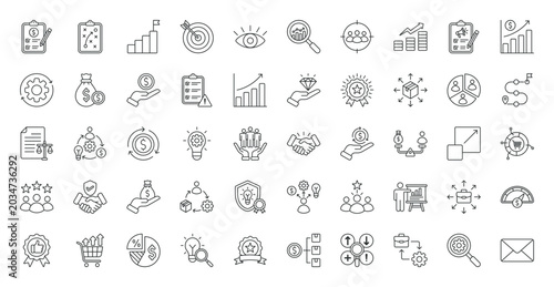 Business Plan icon set. Planning, strategy, vision, mission, goals, branding, market analysis, customer segmentation, business expansion, SWOT analysis and more. Outline vector icons collection