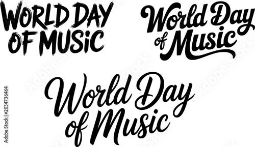 World Day of Music hand-lettered typography set featuring bold and elegant script font variations, perfect for music festivals, concert promotions, musician branding, melodic celebration greeting card