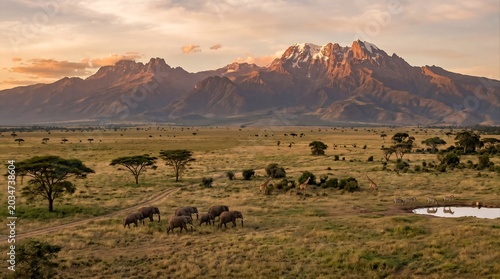 Elephants and other animal roam the savannah in front of Mount