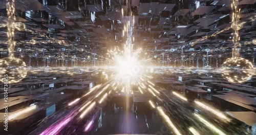 Futuristic digital landscape featuring glowing spheres and vibrant light trails in a dark environment