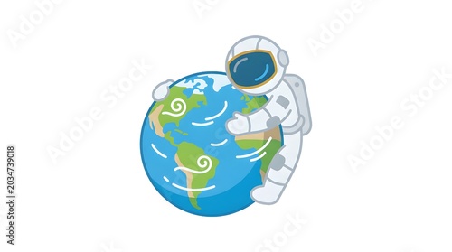 Astronaut embracing Earth planet in space with global continents and blue oceans