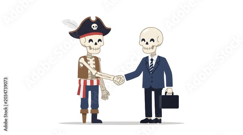 Business handshake between skeleton and professional in flat design vector illustration