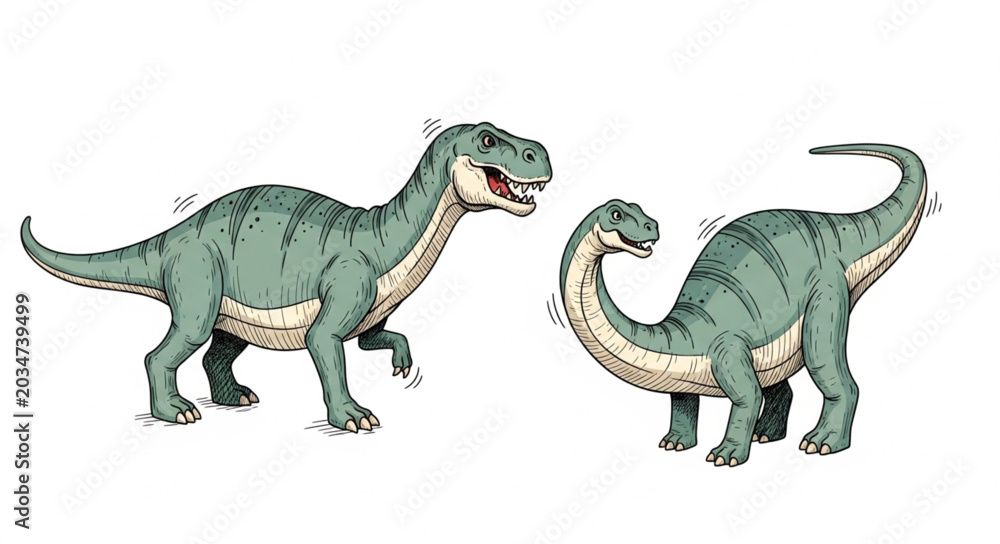 Naklejka premium Two cartoon dinosaurs depicted in a playful interaction.