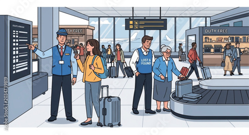 Quadro su tela Travelers at airport check-in counter with luggage.
