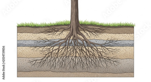 Fényképezés Tree Roots Growing Deeply into the Earth Layers.