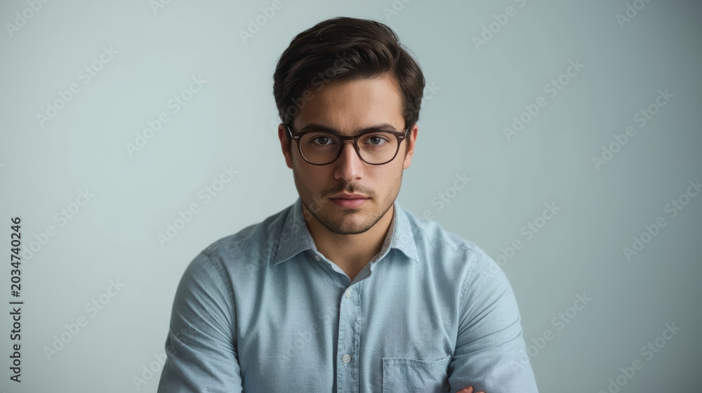 Obraz premium Young man wearing glasses and collared shirt looking engaged and confident