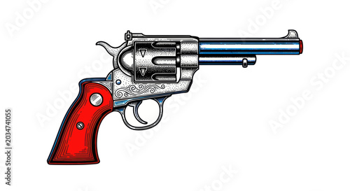 Schilderij op canvas Vintage Revolver Handgun with Red Grips, Western Old West Style.