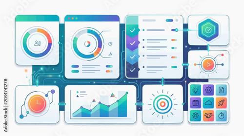 Digital dashboard with charts graphs and icons representing data analytics business intelligence and project management concepts