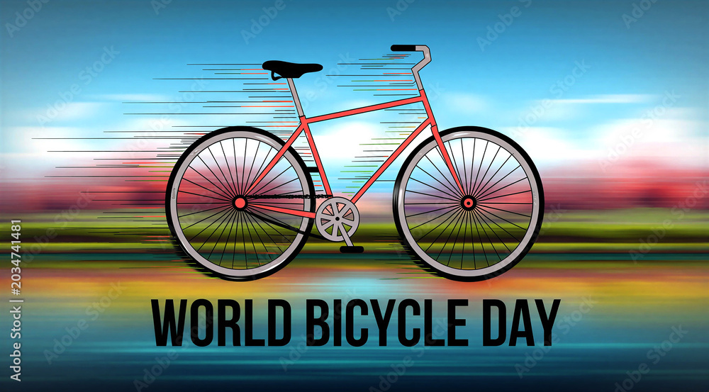 Fototapeta premium Vibrant illustration of a bicycle speeding through colorful scenery for world bicycle day celebration concept