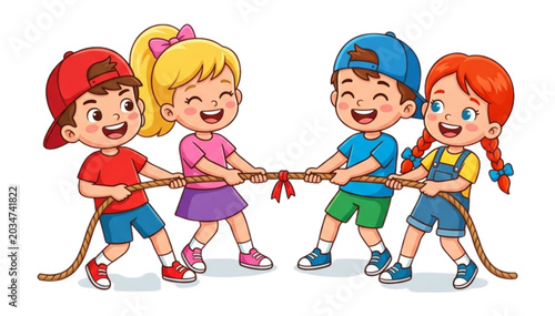 Group of Happy Cartoon Children Playing Tug of War
