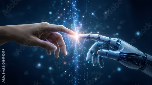 Human hand reaching out to touch a robotic hand, symbolizing the connection between artificial intelligence and human intelligence, digital technology, and future innovation
