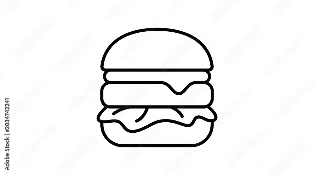 Fototapeta premium Minimalist black outline burger icon isolated on white background with grumpy expression