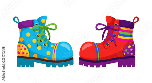 Konstfotografi Two Colorful Clown Shoes with Bright Patterns and Laces.