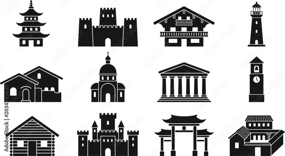 Obraz premium Global architecture silhouette vector set featuring pagoda, castle, chalet, lighthouse, temple, church, cabin, and torii gate
