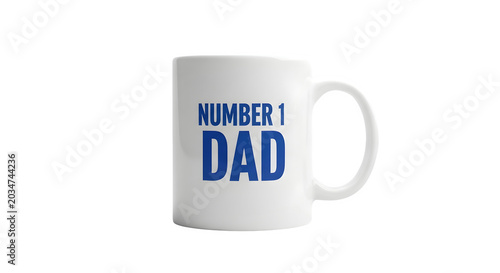 A close-up view of a white coffee mug with blue text on a transparent background showcasing a father's day gift.