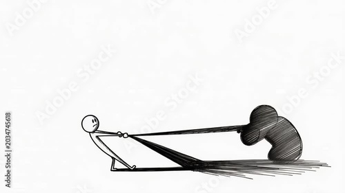 Struggling figure pulling dark shadow depicting conflict on white background