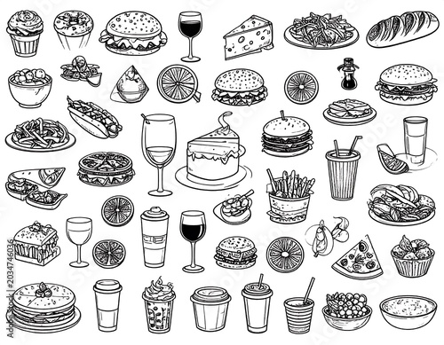 Black and white line art illustrations of various food items, including cakes, burgers, drinks, and fruits, arranged in a grid-like pattern