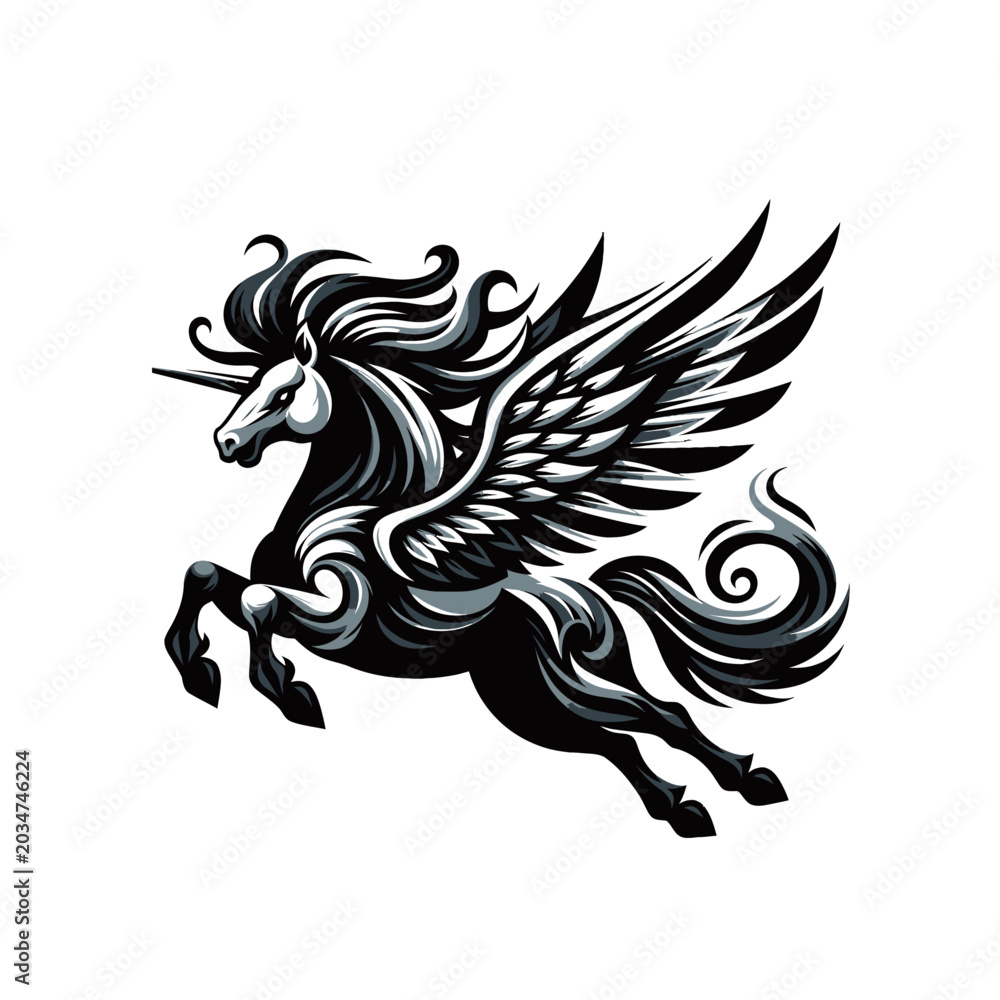 Fototapeta premium Striking black and white winged unicorn with a flowing mane and tail, depicted in a dynamic leaping pose.