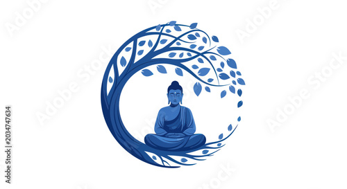 Photos Buddha meditating under a stylized tree, symbol of enlightenment and peace