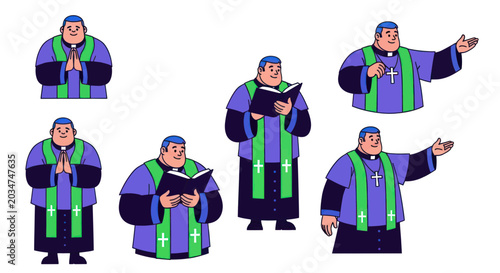 Obraz na plátně Cleric Character Set: Praying, Reading, Preaching